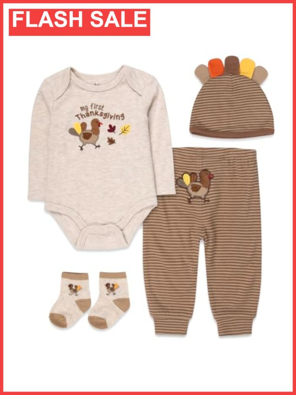 Infant 4PC Thanksgiving Outfit Bodysuit Pants Hat Socks Set